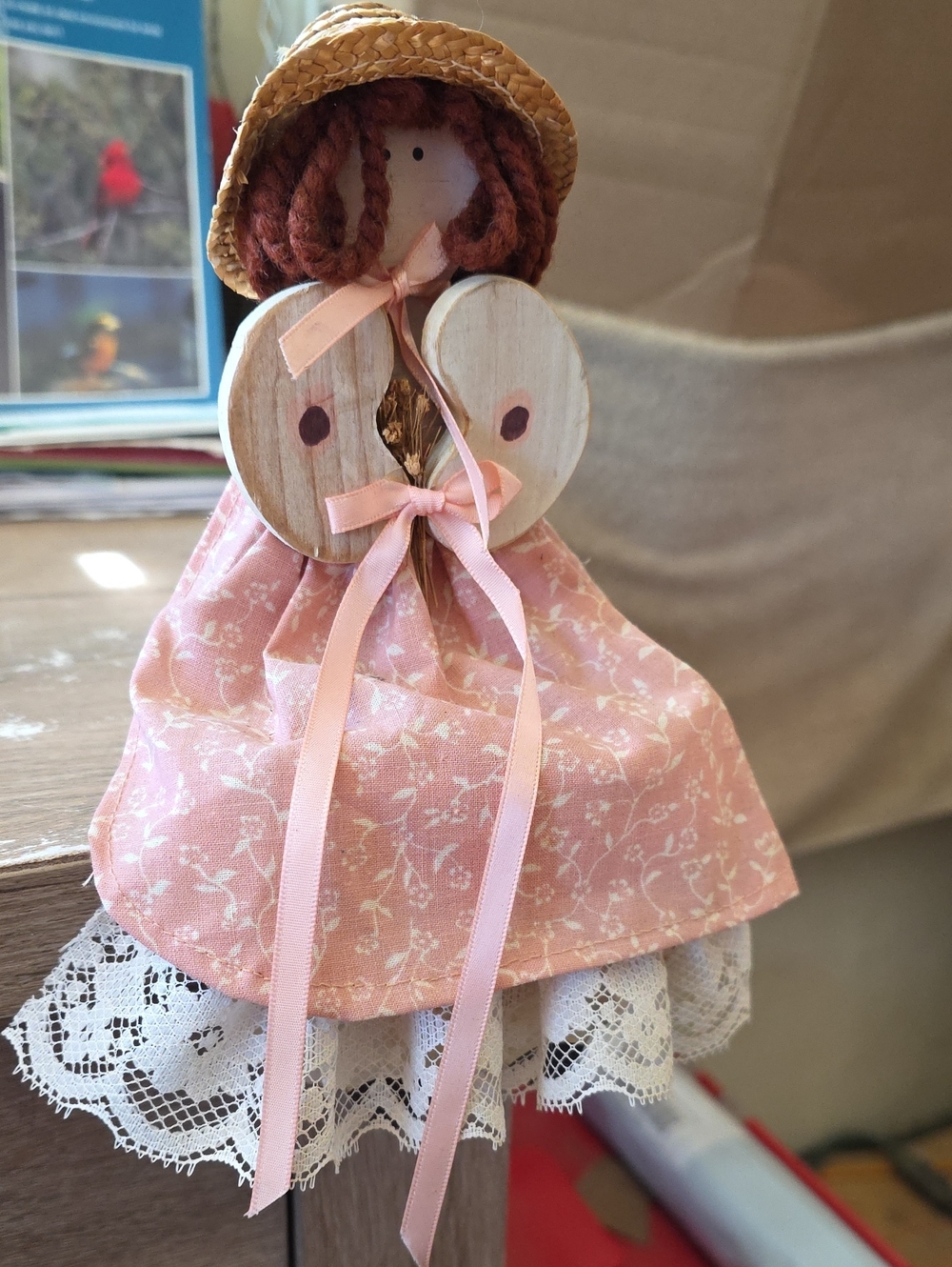 Sassy Wood Handmade Pink Cloth Doll with Straw Hat - Charming Kids Toy